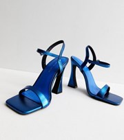 New Look Blue Metallic Leather-Look Flared Heel Strappy Sandals
